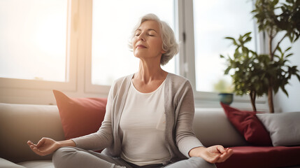 Peaceful senior woman doing breathing exercise at home, mature woman meditating at home with eyes closed, practicing yoga, doing pranayama techniques Mindfulness meditation concept