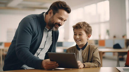 Male teacher talking to his young student while holding a digital tablet device in school, happy student learning about digital tablet with teacher