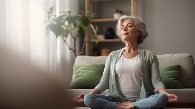 Peaceful senior woman doing breathing exercise at home, mature woman meditating at home with eyes closed, practicing yoga, doing pranayama techniques Mindfulness meditation concept