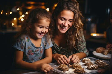 Fototapeta premium happy funny family mother and children bake christmas cookies on cozy kitchen at home