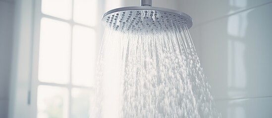 Water descending from showerhead in a white bathroom.