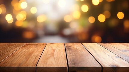 wooden table for placing products with a beautiful night restaurant backdrop, Space for placing items on the table, product and food display - obrazy, fototapety, plakaty