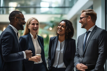 Happy successful multiracial business team smiling and laughing while standing in modern office