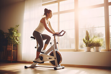 Sporty woman riding a smart stationary bike at home, beautiful young woman exercising with fitness equipment at home