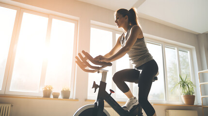 Sporty woman riding a smart stationary bike at home, beautiful young woman exercising with fitness equipment at home