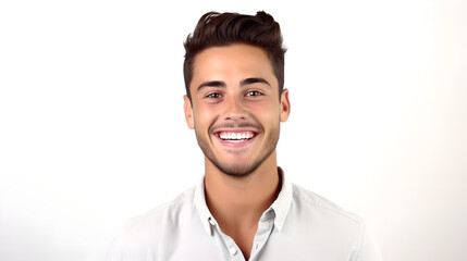 Fototapeta premium Portrait of handsome young man smiling and laughing standing over white background, cheerful man with fresh stylish hair and beard isolated on white studio background.