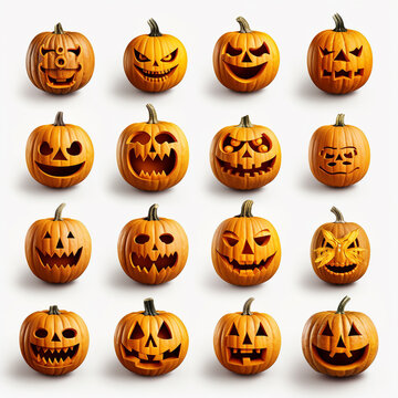 Various Craving Pumpkins with ghostly, horror, and scary face isolated on white background. Generative AI