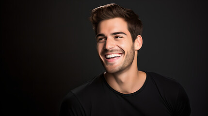Fototapeta premium Portrait of handsome young man smiling and laughing standing over white background, cheerful man with fresh stylish hair and beard isolated on white studio background.