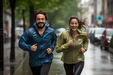 Obraz premium Young couple having fun while running on rain in street, happy young couple jogging around in city