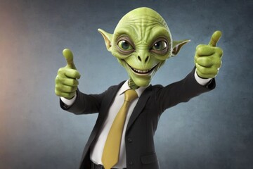 Alien shows thumbs up gesture. Portrait with selective focus and copy space