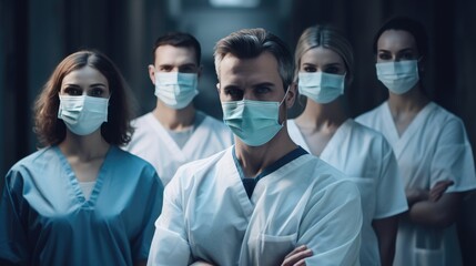 Fototapeta na wymiar Photography of Group of doctors with face masks looking at camera in hospital background.