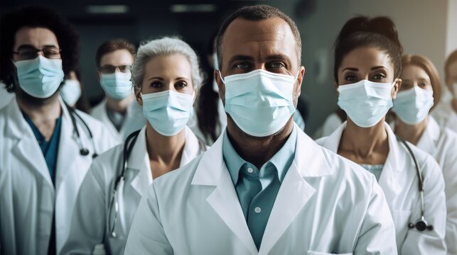 Photography of Group of doctors with face masks looking at camera in hospital background.