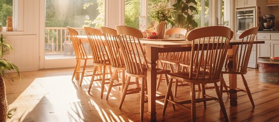 Dining room at home with sunlit table and chairs on wooden floor.