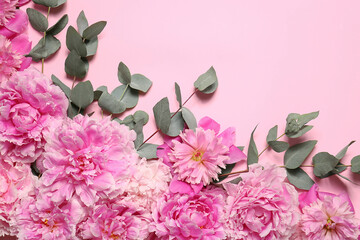 Beautiful peony flowers and eucalyptus leaves on pink background, flat lay. Space for text