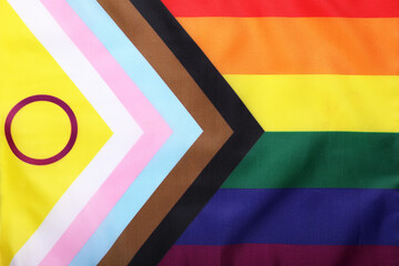 Bright progress flag as background, closeup. LGBT pride