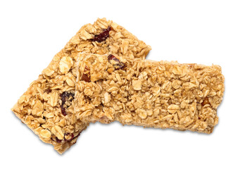Two tasty granola bars isolated on white, top view