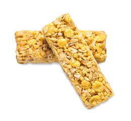Two tasty granola bars isolated on white, top view