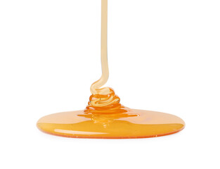 Pouring tasty natural honey isolated on white