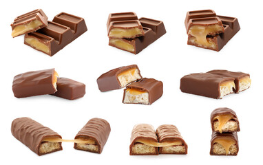 Set with many yummy chocolate bars isolated on white