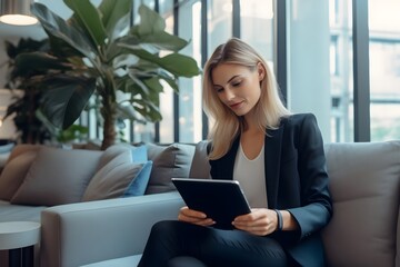 Fototapeta premium オフィスでタブレットを持っている女性 with generative ai 