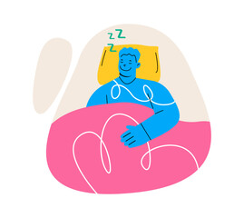 Restful sleep dream concept. Man lying in bed at home room and taking a nap, resting time and relaxing. Colorful vector illustration