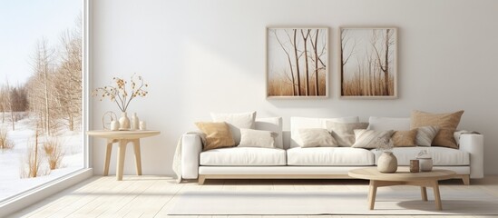 Scandinavian living room with white interior, wooden floor, frames on wall, and window with white landscape. Nordic home design. illustration.