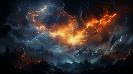Background of lightning strikes above the clouds - obrazy, fototapety, plakaty