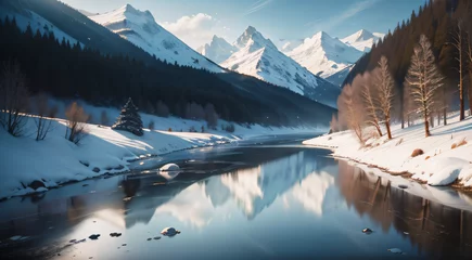 Zelfklevend Fotobehang 雪景色の美しい冬の風景のイラスト © Churin Art Works