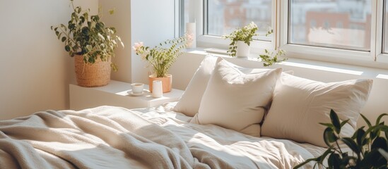 A well-decorated bed near windows in a modern bedroom with a green potted plant at home.