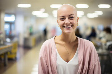 Strong woman survivor from cancer disease, bald drug chemotherapy effects, breast cancer awareness