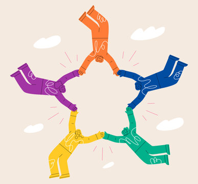 Group of young  people together holding hands. Synchronization, team risk, help each other and trust concept. Colorful vector illustration