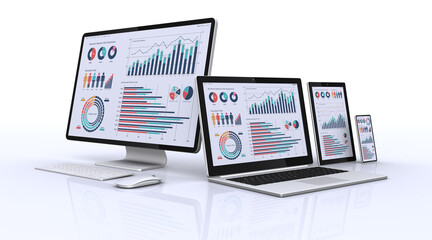 ビジネスデータを表示するコンピューター機器、データ分析・検討のイメージ、レスポンシブデザイン