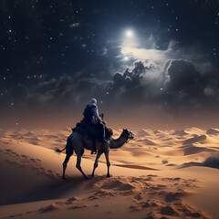 Fototapeta premium arabian desert at sunset and night with the moon, a man on camel doing a journey, create using generative AI tools.