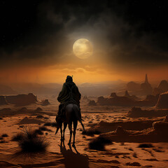 arabian desert at sunset and night with the moon, a man on camel doing a journey, create using generative AI tools.