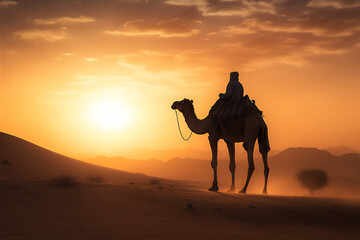 Fototapeta na wymiar arabian desert at sunset and night with the moon, a man on camel doing a journey, create using generative AI tools.