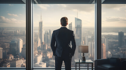 Back View of the Businessman wearing a Suit Standing in His Office, Hands in Pockets and Contemplating Next Big Business Deal, Looking out of the Window. Big City Business District View. Generative AI - obrazy, fototapety, plakaty