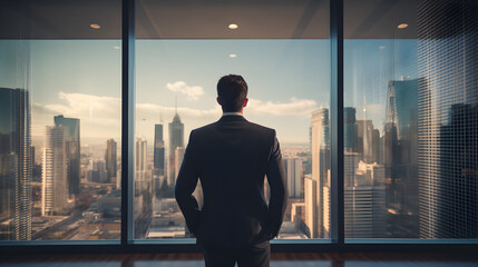 Fototapeta na wymiar Back View of the Businessman wearing a Suit Standing in His Office, Hands in Pockets and Contemplating Next Big Business Deal, Looking out of the Window. Big City Business District View. Generative AI