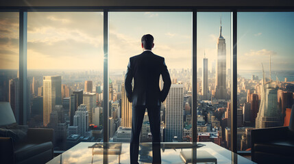 Back View of the Businessman wearing a Suit Standing in His Office, Hands in Pockets and Contemplating Next Big Business Deal, Looking out of the Window. Big City Business District View. Generative AI