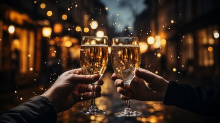 Two glasses of bubbly champagne being used in a toast. Generative AI. 