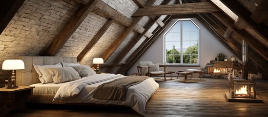 Modern bedroom in attic apartment with rustic wooden beams, floors, and furniture.