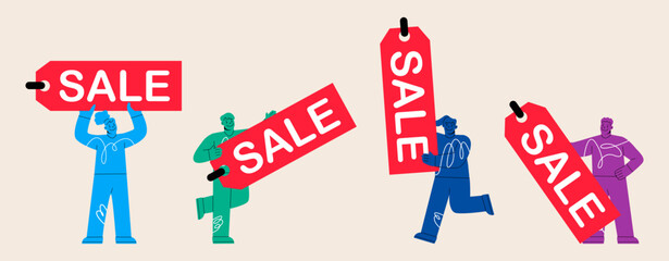 Male And Female  Holding Black Friday Sale Tag. Colorful vector illustration