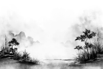 Obraz premium Abstract grunge texture with plants and mountain on white background