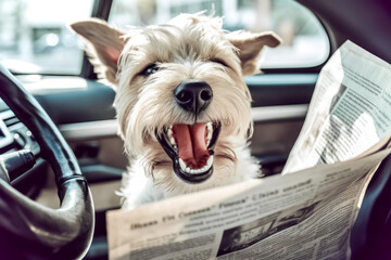 Dog sitting in the car laughing at an article in the newspaper. - obrazy, fototapety, plakaty