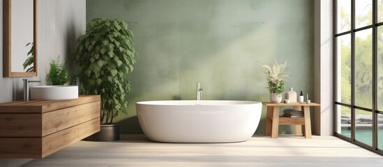 Japandi bathroom with wooden tones, freestanding bathtub, big window, concrete walls, and parquet...