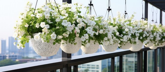 White plants in hanging pots on the balcony make the cityscape more pleasant.