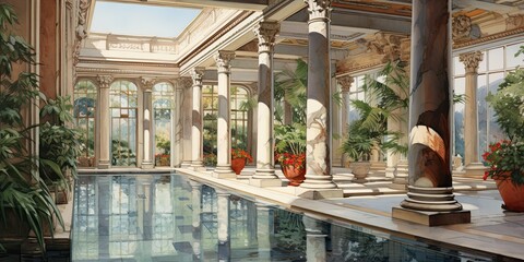 illustration of a grand marble bathhouse with intricate mosaics, generative AI