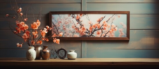 Flower-filled vase and photo on wooden table backdrop.