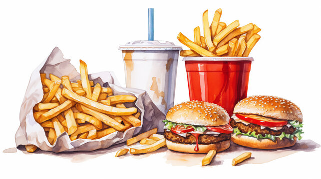 Watercolor paint fast food on white background, Generative Ai, Generative, Ai
