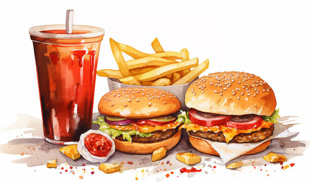 Watercolor paint fast food on white background, Generative Ai