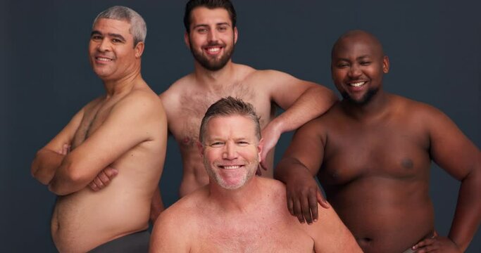 Men, body positivity and face with inclusion, support and solidarity on a dark studio background. Portrait, friends and happy guys with pride, confidence and group with motivation, bare and beauty